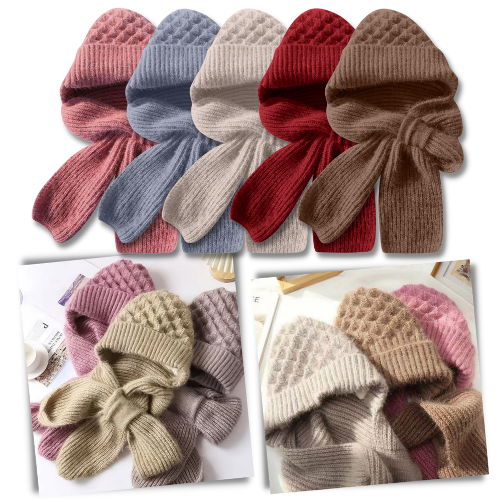 Windproof Knitted Hooded Hat with integrated Scarf and Ear Protection