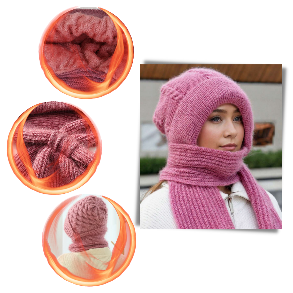 Windproof Knitted Hooded Hat with integrated Scarf and Ear Protection